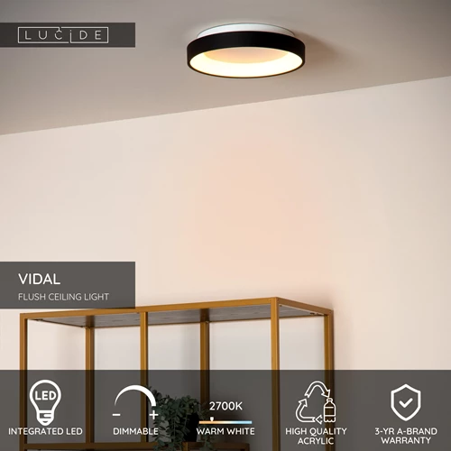 Lucide VIDAL - Flush ceiling light - Ø 28 cm - LED Dim. - 1x20W 2700K - Black - USP